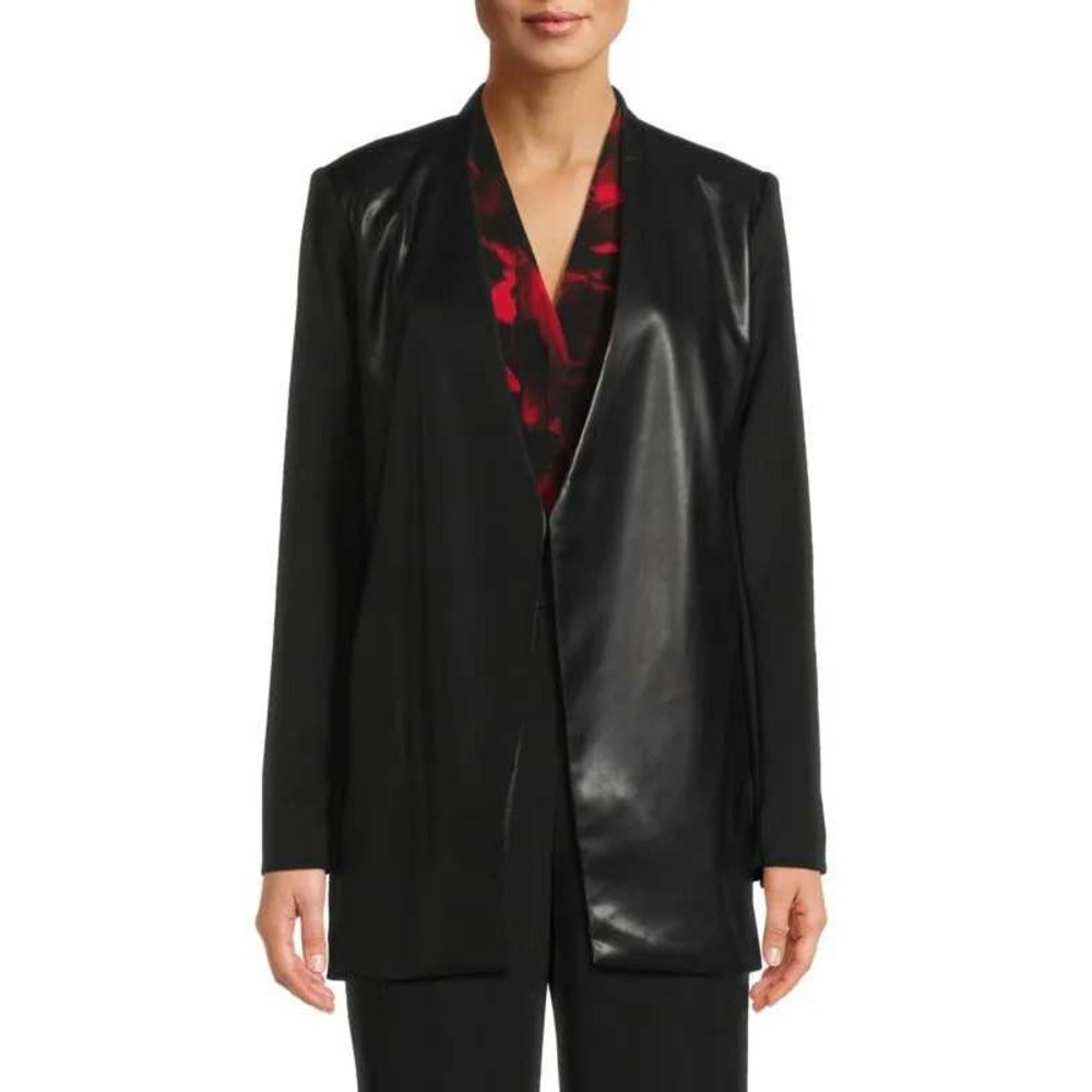 Calvin Klein Jacket Womens 2 Black Open Front Faux Leather Combo Career NWT